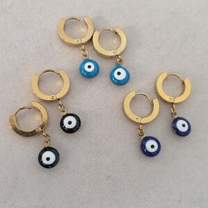 Gold Stainless Steel Huggie Hoop Earrings with Evil Eye Charm